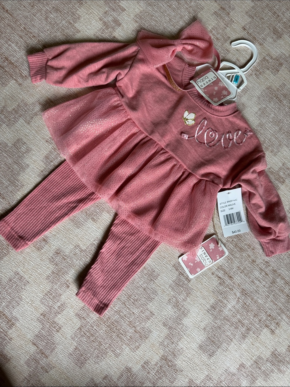 btween Dusty Rose Girls' Love Embroidered Knit Top & Ribbed Legging Set NWT 3-6M